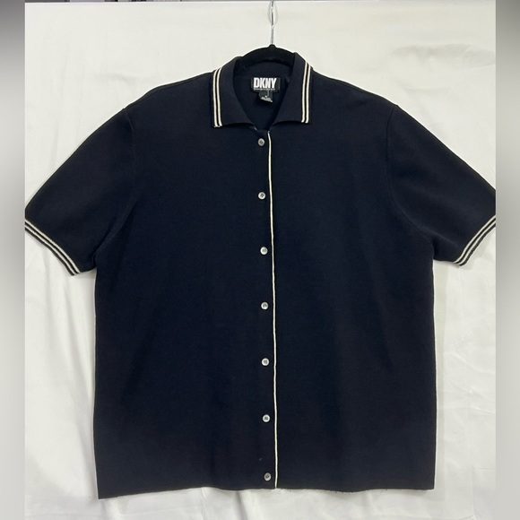 Vintage Women's DKNY Sweater Collared Short Sleeve Button Up Bowler Navy Medium - Picture 1 of 13
